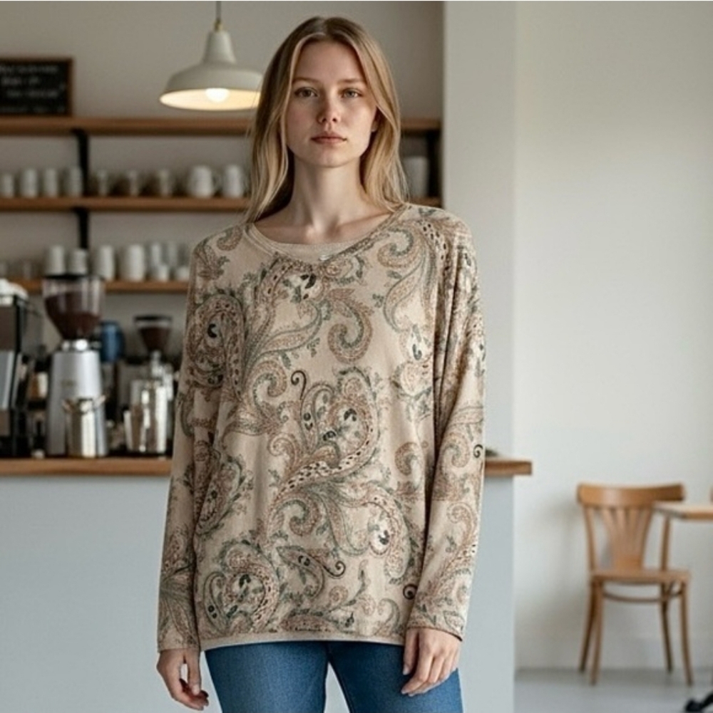 J. Jill Beige Paisley Long Sleeve Top Sweater.